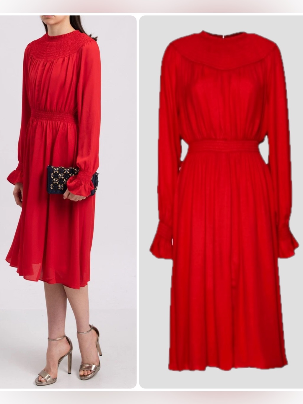 George J Love Smocked Neckline Rosso Red Long-Sleeve Midi Dress Nwt $299